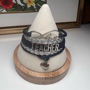 Infinity Silver and Navy Blue Love Teacher Bracelet with Apple Charm - NEW